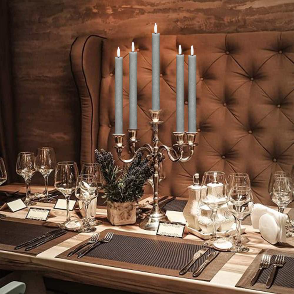 GenSwin Flameless Grey Taper Candles Flickering with 10-Key Remote, Battery Operated Led Warm 3D Wick Light Window Candles Real Wax Pack of 6, Christmas Home Wedding Decor(0.78 X 9.64 Inch)