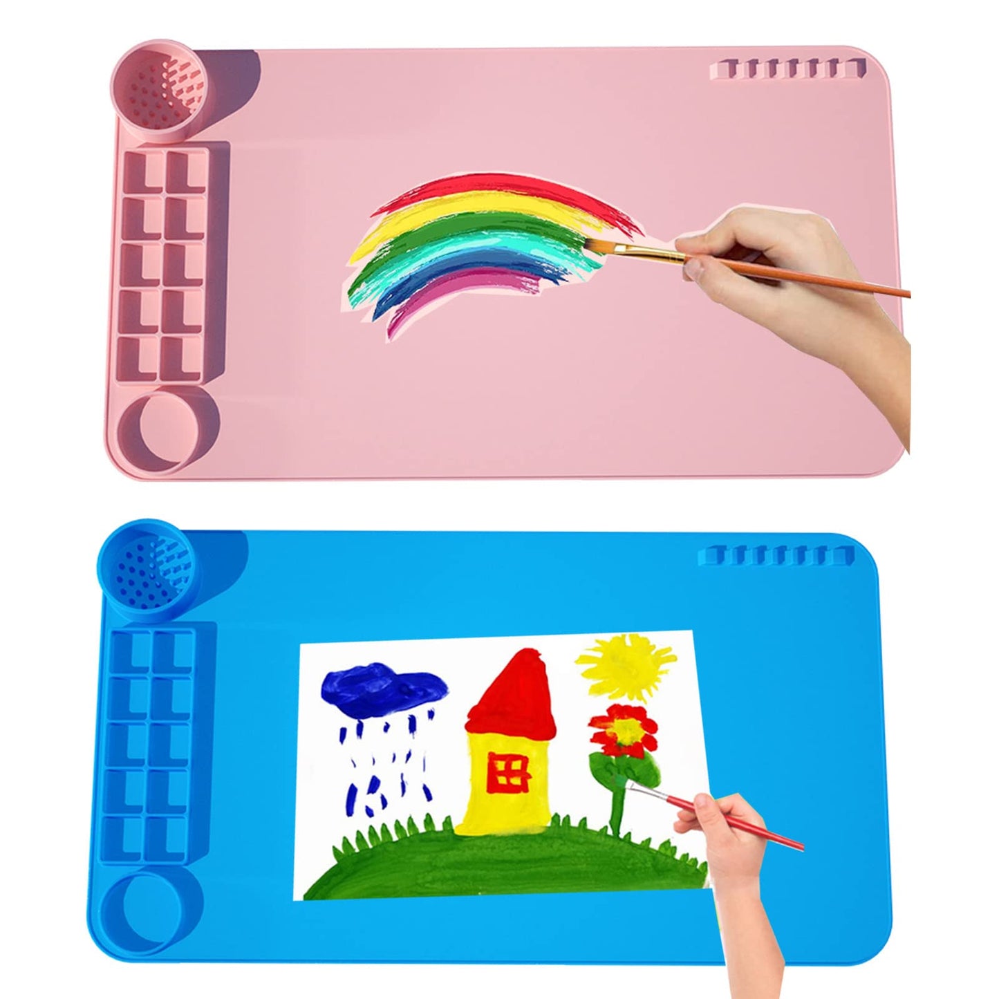 2 Pack Silicone Art Mat with Cup, KJMYYXGS Silicone Painting Mat with Cup, 19.7"x11" Silicone Craft Mat with Cup and Paint Holder Silicone Artist Mat Kids (Pink and Blue)