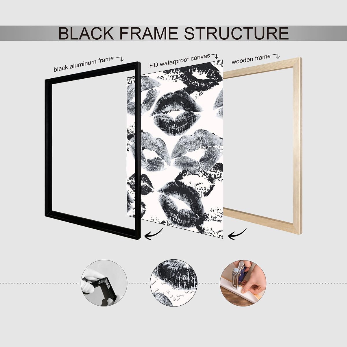 OMANI 08x10 inch Woman Lips Posters Black and White Sexy Kiss Canvas Wall Art Black Framed Fashion Retro Aesthetic