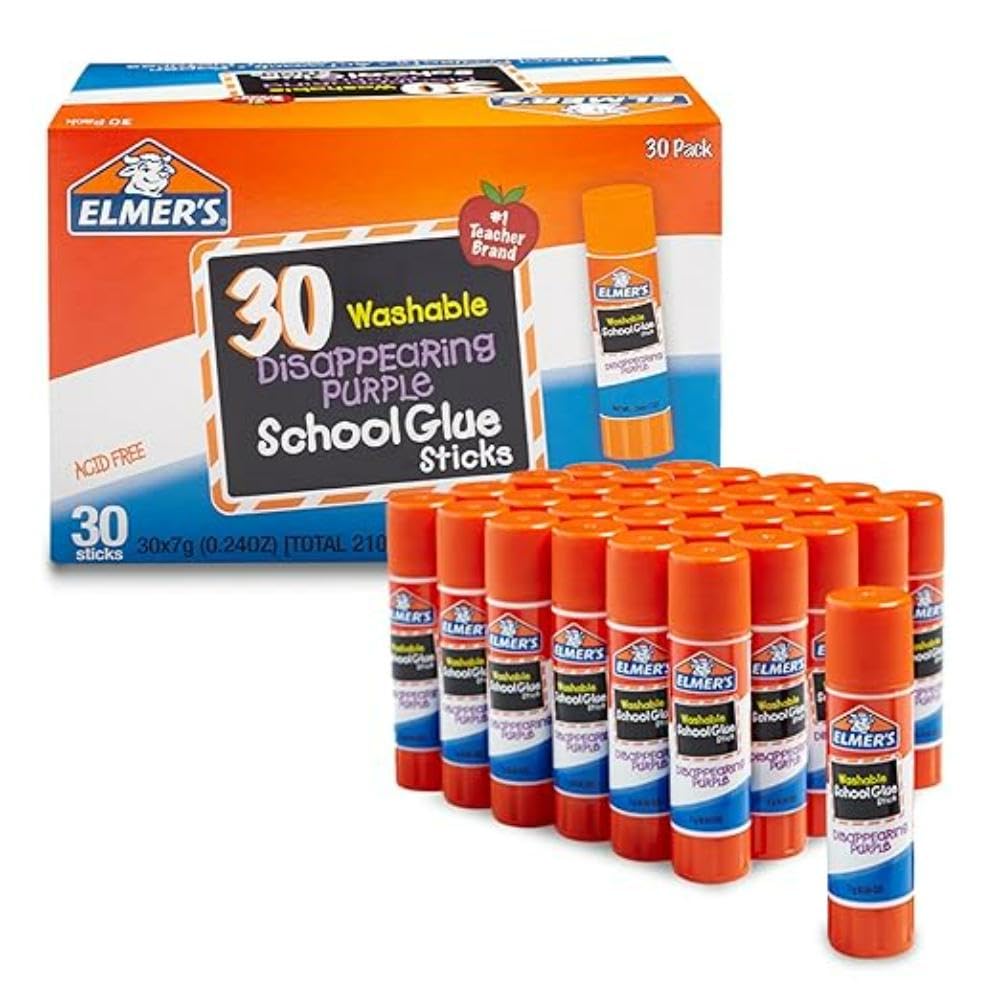Elmer’s Disappearing Purple School Glue Sticks, Washable, 7g, 30 Count - Bulk Pack for Classrooms, 1 Teacher Brand