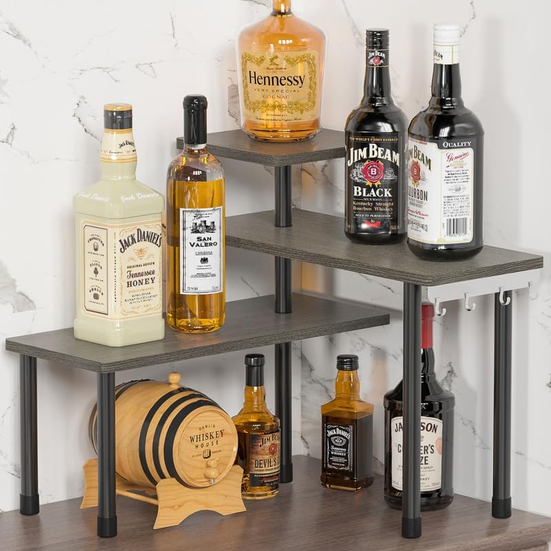 ZHWS Kitchen Countertop Organizer Spice Rack for Salt, Bathroom Counter Organizer Over Sink for Makeup, Skincare, Adjustable 3-Tier Corner Counter Shelf with 4 Hooks for Coffee Bar Dresser Table