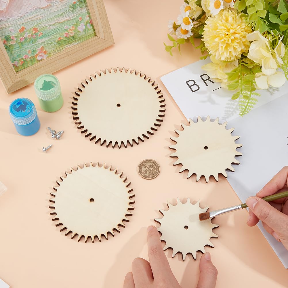 OLYCRAFT 4Sets Unfinished Wooden Gears Interchangeable Wood Gears Undyed Wooden Gear Pieces Steampunk Wood Pieces DIY Paint Gear Craft Supplies with Screw for DIY Craft Decoration Busy Board Accessory