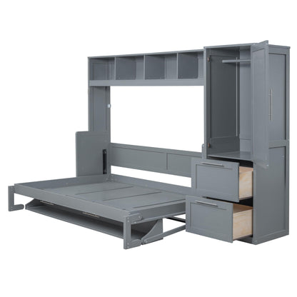 Ball & Cast Full Size Murphy Bed with Closet and 2 Drawers,Hidden Wall Bed with Storage Shelves,Multifunctional Foldable Platform Bed Frame for Samll Space,Bedroom,Guest Room,Easy Assembly,Gray
