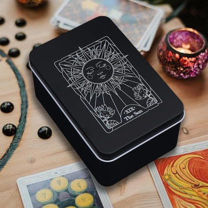 CREATCABIN Iron Tarot Cards Storage Box Tarot Card Holder Box Black Sun Metal Trinkets Case Tin Tarot Card Collection Boxes Deck Cases for Jewelry Fortune Telling Witchcraft Decor 3x5x2Inch