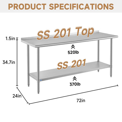 ROCKPOINT All Stainless Steel Perp Table with Backsplash 24x72 Inch, Commercial Heavy Duty Table with Stainless Legs & Adjustable Undershelf, 890 lb Capacity for Restaurant,Home and Outdoor Kitchens