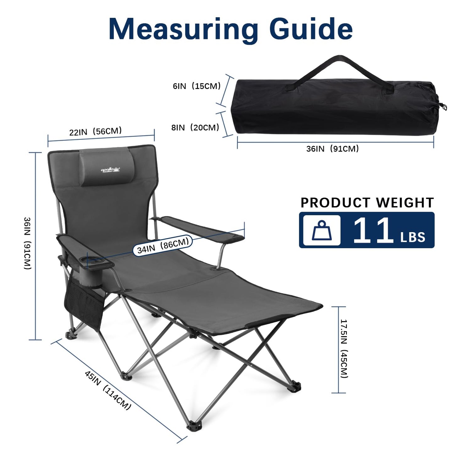 apollo walker Camping Chairs for Adults - 6 Legged Beach Chair with Foot Rest, Adjustable 90° - 135° Reclining Lounge Chair Outdoor, Folding Chairs for Outside with Detachable Pillow & Carry Bag Grey