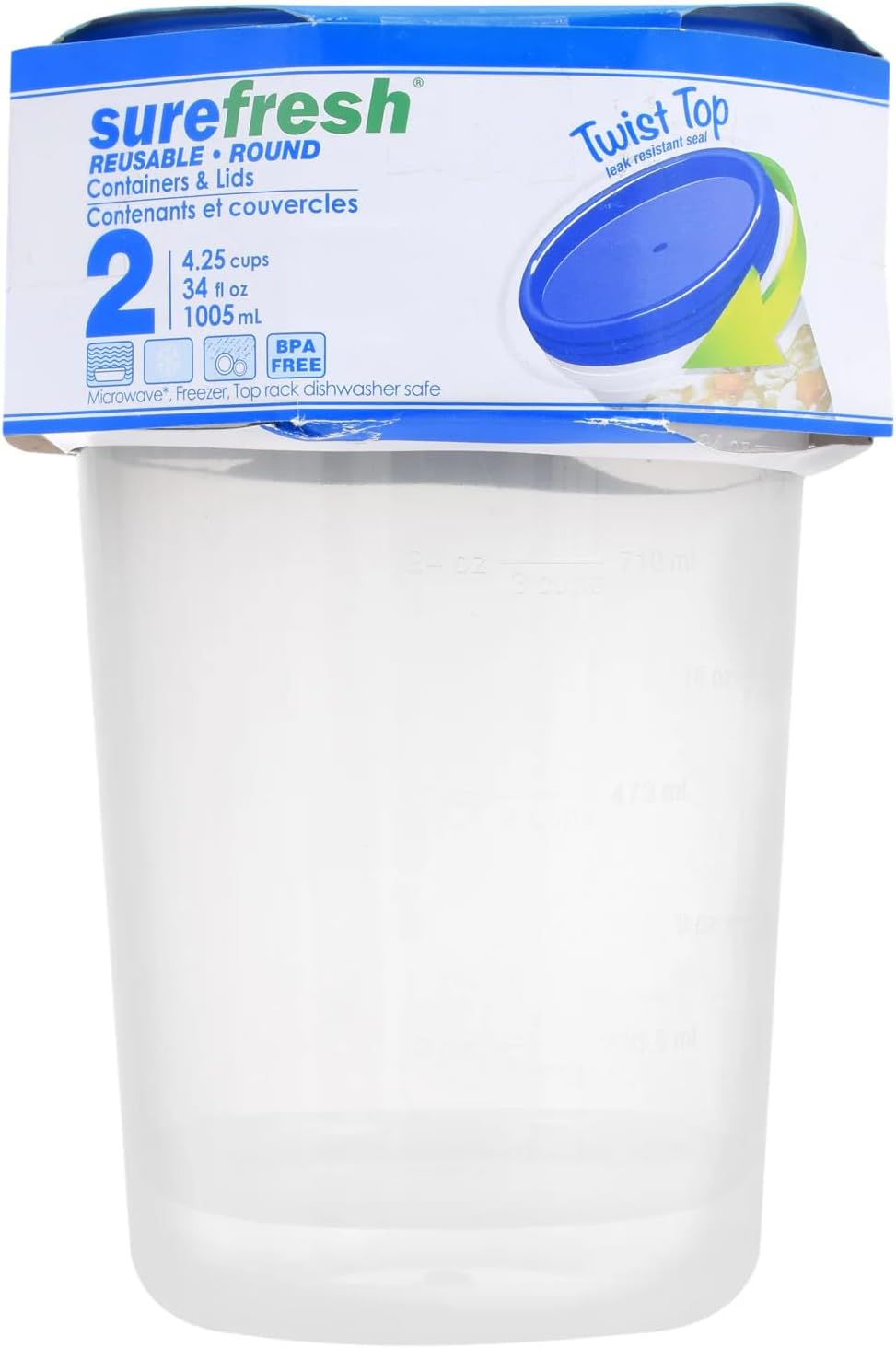 Sure Fresh 34-oz. Reusable Tall Plastic Containers with Lids, 2-ct. Packs, Clear, SFRT34-2PK-BLUE