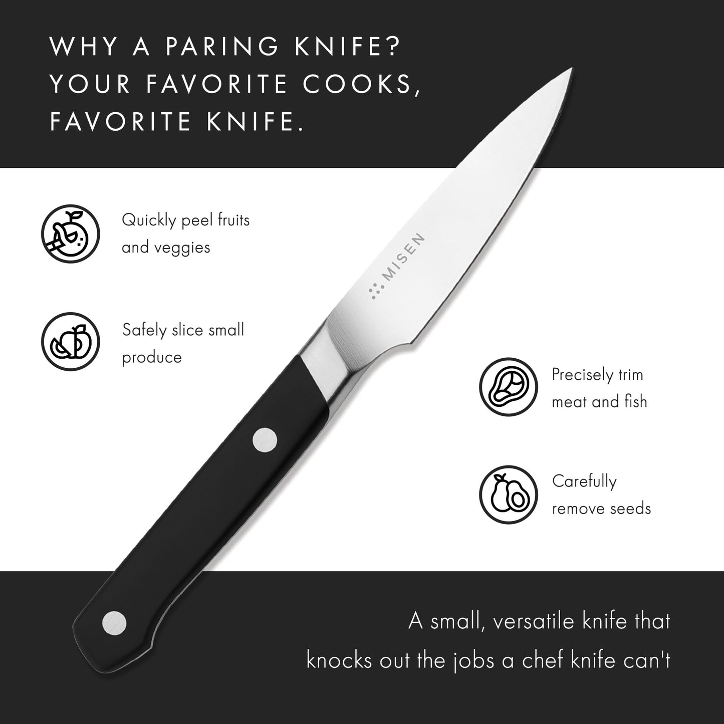 Misen 3.5‑Inch Paring Knife 2.0 - AICHI ACUTO440 High‑Carbon Stainless Steel, Rust‑Proof Blade - Ergonomic Spine, Precision Peeling, Trimming, and Slicing - Lightweight & Versatile - Black