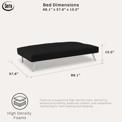 Serta® Rane Futon Sofa Bed 66.1", 3-in-1 Convertible Couch Sleeper for Small Spaces, Tufted Back, Twin Size Guest Bed, Black Woven Fabric