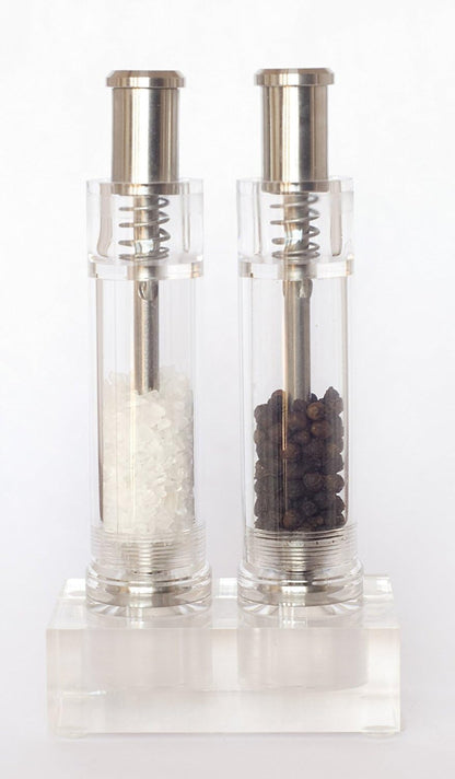 Modern Push Button Salt and Pepper Grinder Set, Refillable Mill Set with Stand