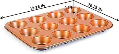 Copper Professional Healthy 12 Cup Cake and Muffins Baking Pan Sheet, Oven and Dishwasher Safe