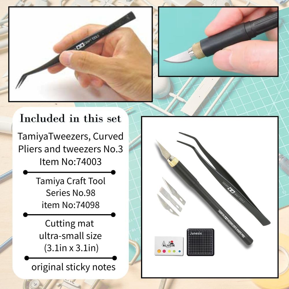 3-Piece Model Tool Set – Tamiya Modeler’s Knife PRO, Tamiya Curved Tweezers & Cutting Mat
