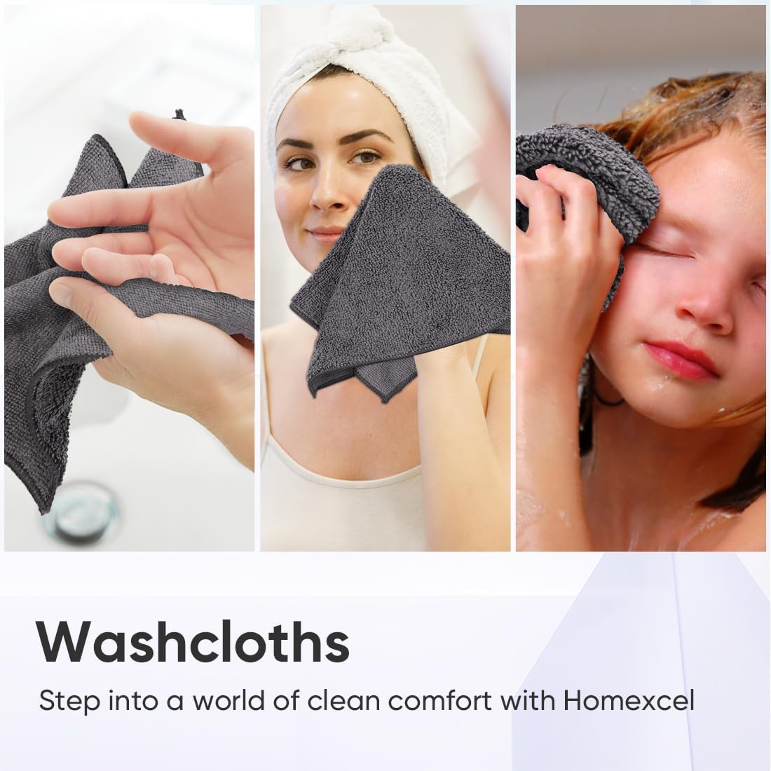 24 Pack, 12x12 Inch HOMEXCEL Microfiber Washcloths Highly Absorbent and Soft Face Towel, Multi-Purpose Grey Wash Cloths