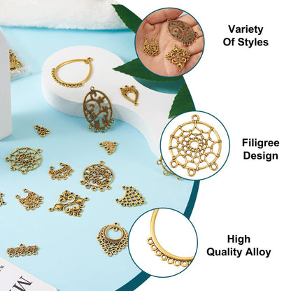 Bestewelry 64Pcs Tibetan Antique Gold Chandelier Charms 16 Styles Vintage Filigree Hollow Links Charms with Loops Findings for Dangle Earrings Connector Components Jewelry Making