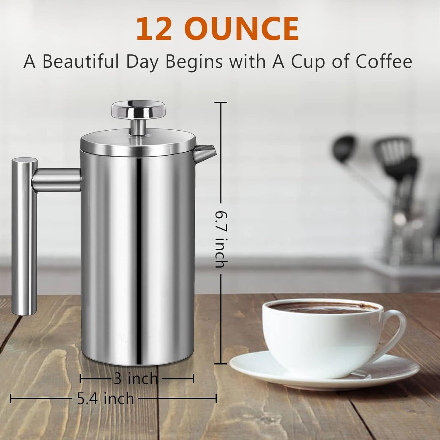 French Press, 12oz Double-Wall Insulated Coffee Maker, Stainless Steel with 3 Level Filtration System