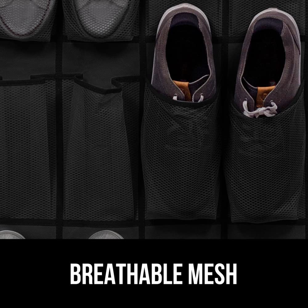 GORILLA GRIP Over the Door Shoe Organizer, 24 Large Breathable Mesh Pockets, Space Saving Hanging Storage Holder, Closet Rack Hanger Holds Up to 40 lbs, Hangs on Closets for Shoes, Accessories, Black