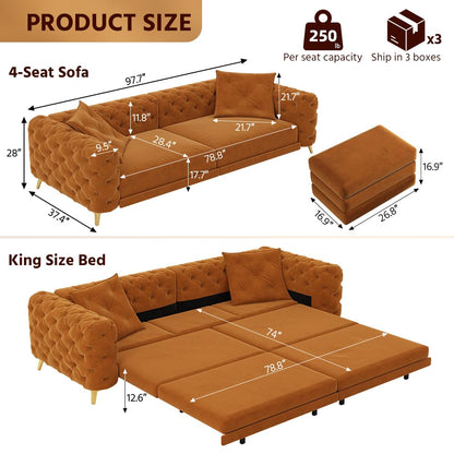 KEIKI 97.7" Convertible Sleeper Sofa Bed, 3 in 1 Pull Out Sofa Bed, 4-Seater Button Tufted Couch with Movable Ottoman for Living Room, Bedroom, Apartment, Orange