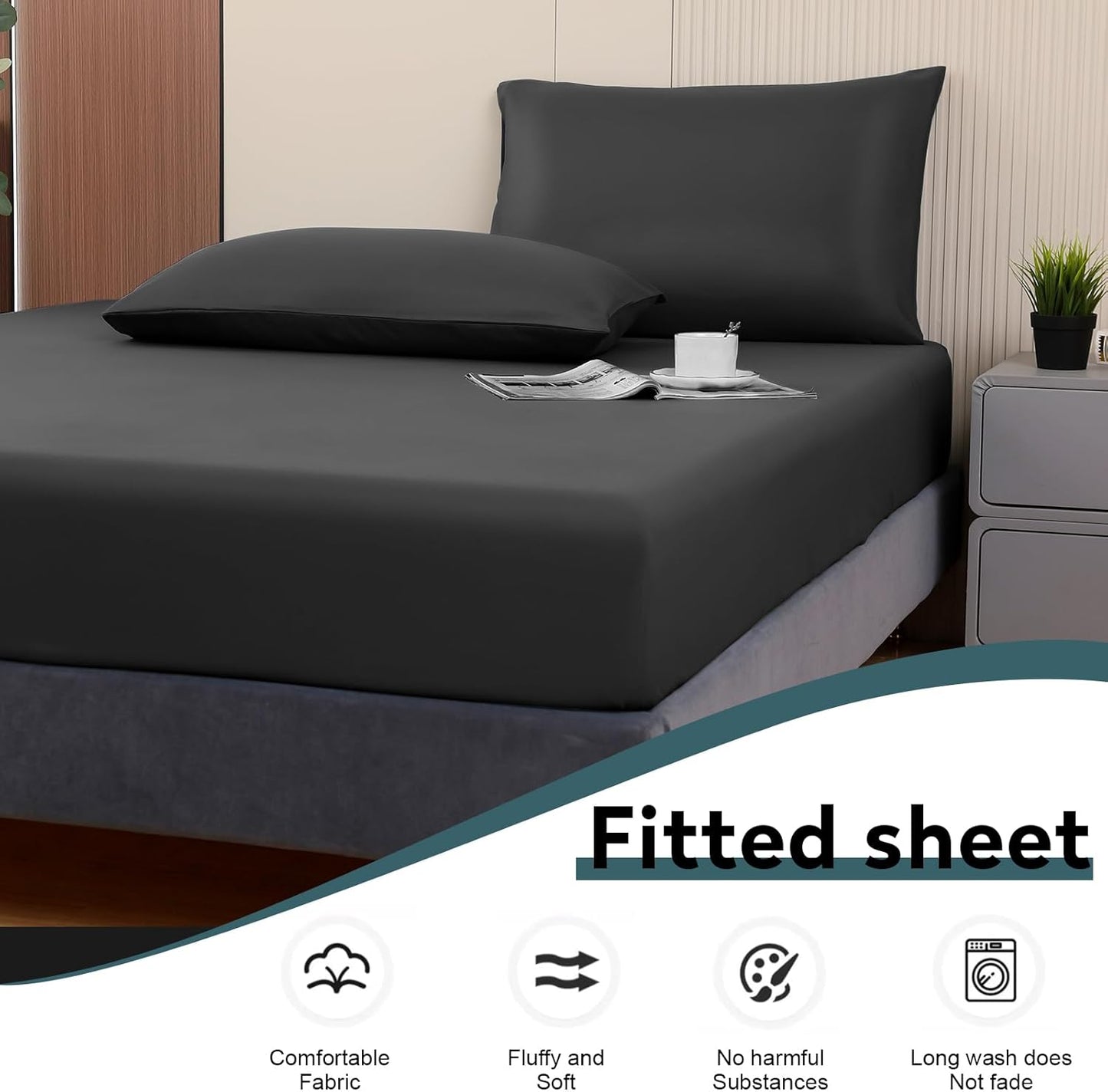 Toodou Soft Brushed Microfiber Black Twin Size Fitted Sheet, Comfortable and Durable Mattress Cover