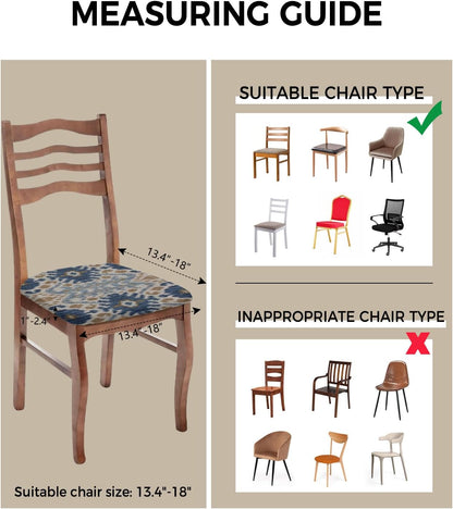 Boho Blue Brown Seat Covers for Dining Room Chairs, Stretch Cushion Protector for Kitchen Set of 2