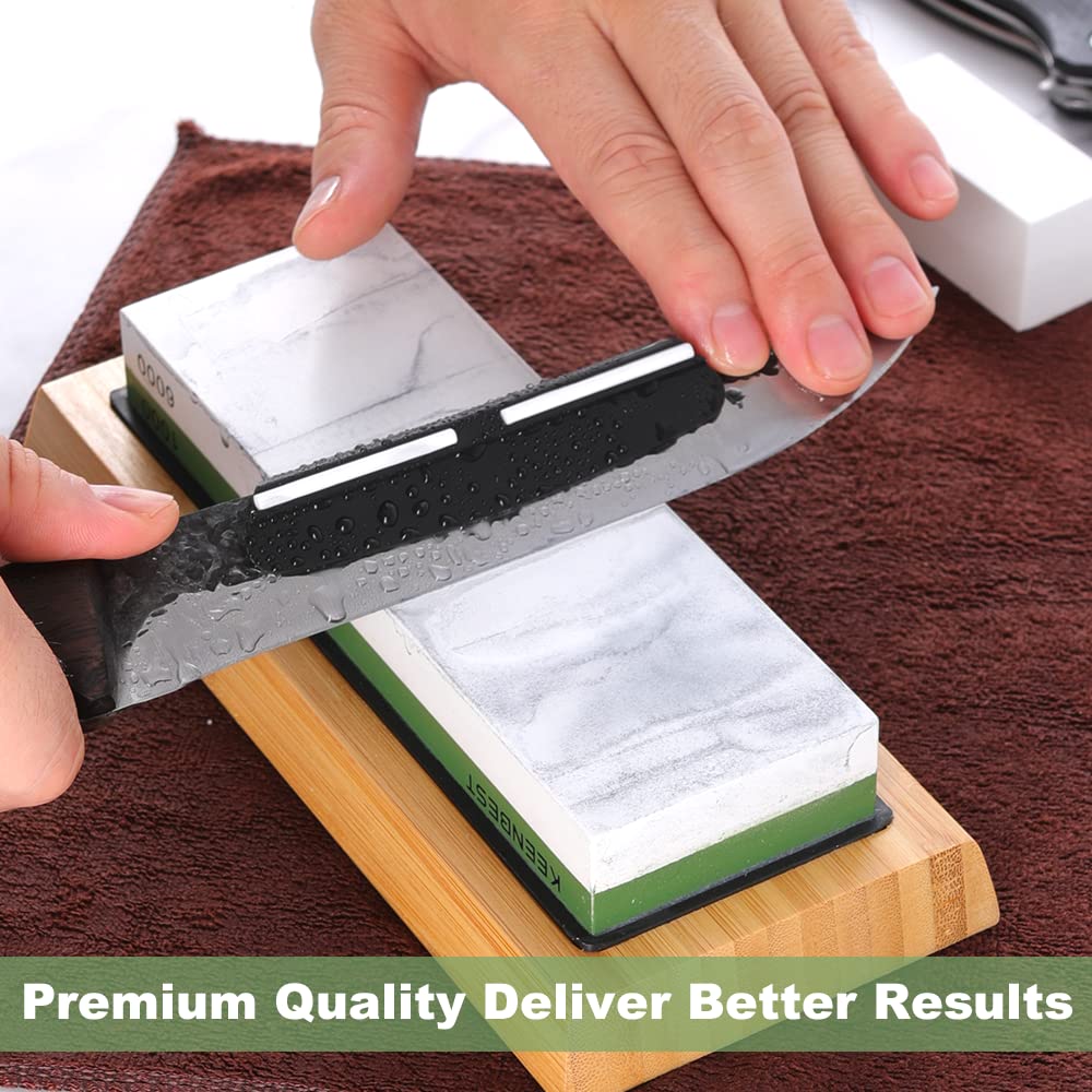 KEENBEST 1000 6000 Grit Whetstone Kitchen Knife Sharpening Stones 2 Side Water Wet Stone Sharpener Kit Japanese Wetstone Anti-Slip Base Angle Guide User Guidebook