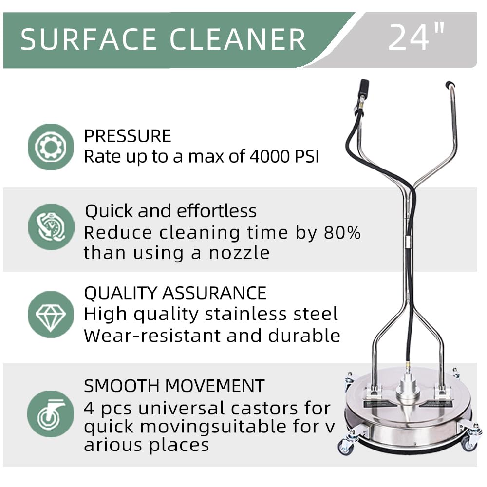 Stainless Steel Pressure Washer Surface Cleaner with 4 Wheels 1/4" Quick Connector 2 Extension Wand Attachments 4000PSI Ideal for Cleaning Driveways, Sidewalks, Decks