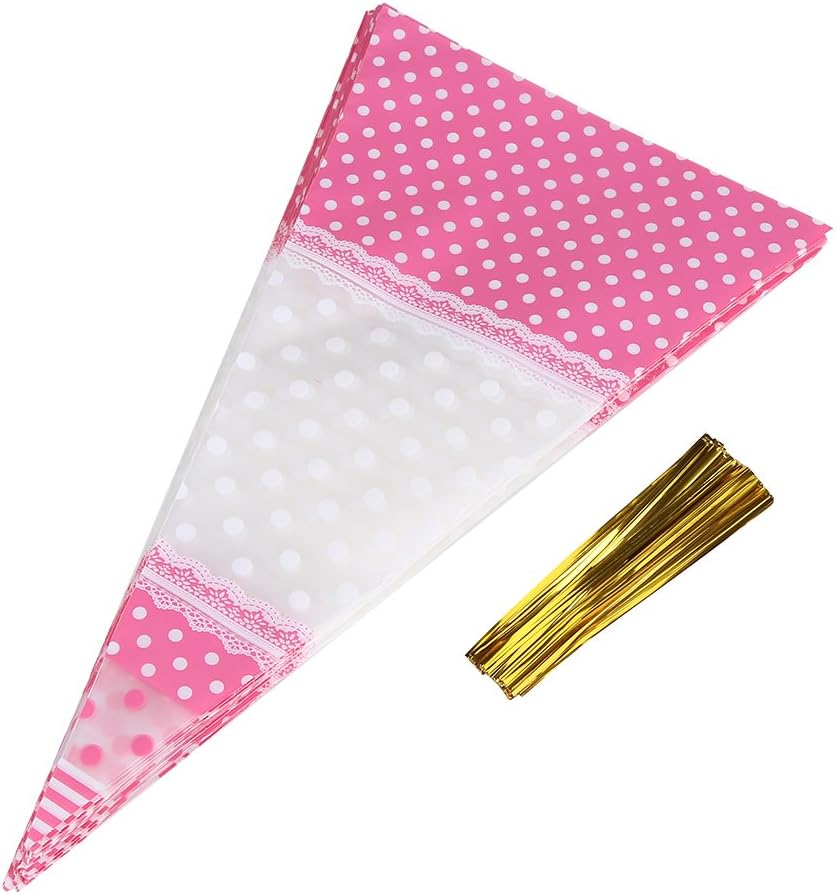 FTVOGUE 50 Piece Clear Cone-Shaped Treat Bags with Twist Ties, Cellophane Candy Bags (Pink)