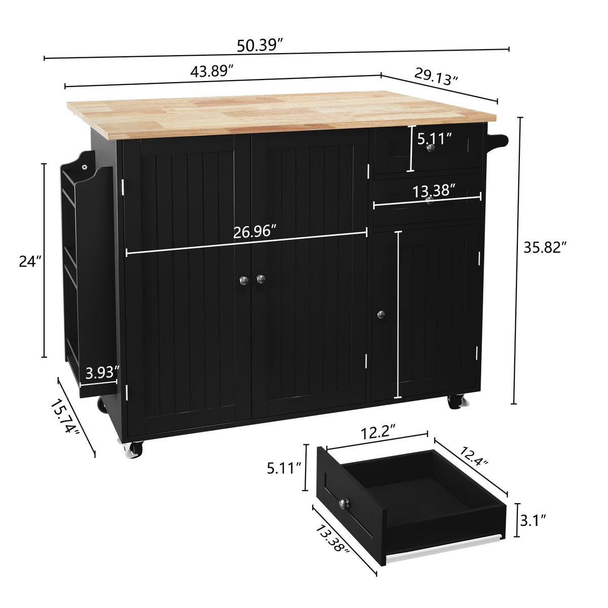 HLR Kitchen Island with Storage, Black Rolling Kitchen Island on Wheels with Drop-Leaf Bar Countertop, Island Table for Kitchen with Side Open Spice Rack and Tower Rack, Extra Storage for Kitchen