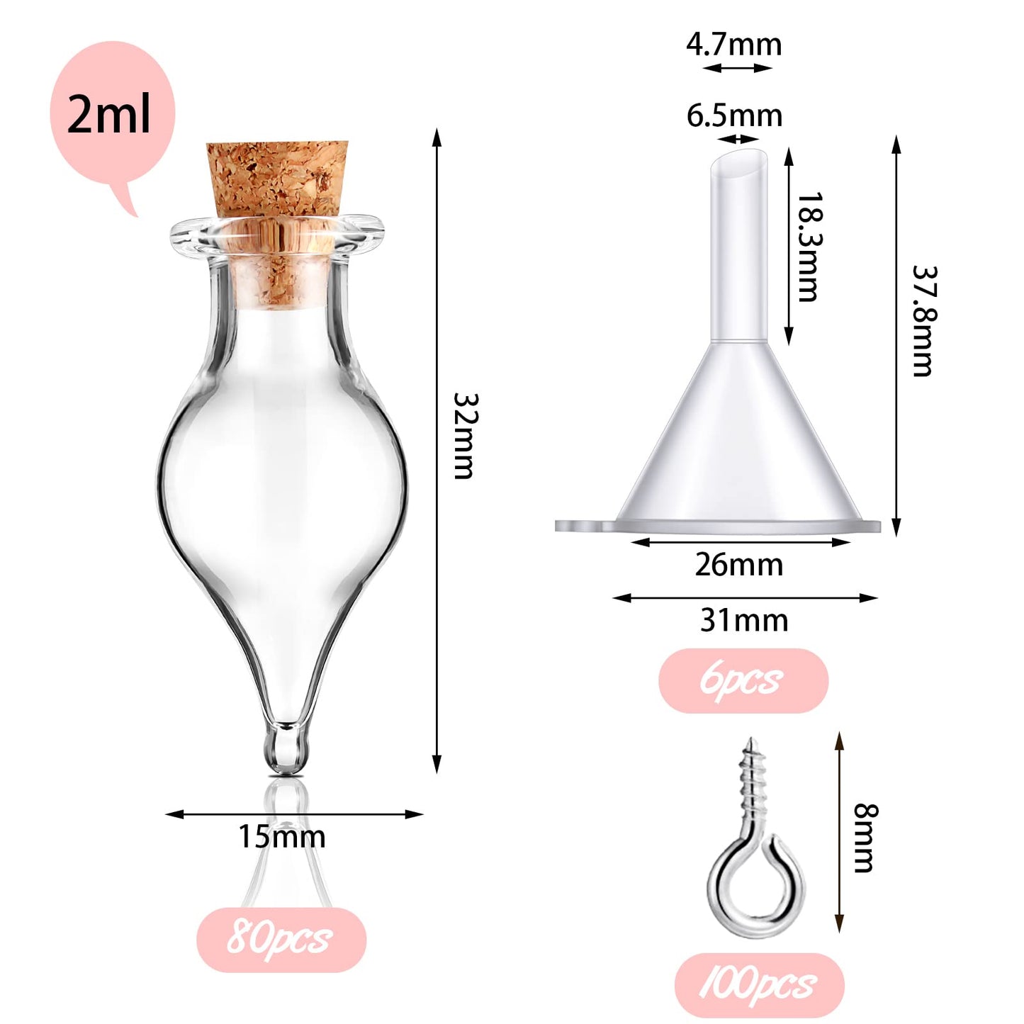 Geiserailie Mini Glass Bottles Potion Teardrop Shaped Glass Bottles Jars with Cork Stoppers with Eye Screws and Small Funnels for Christmas Birthday Party Favors DIY Art Crafts(186 Pieces)