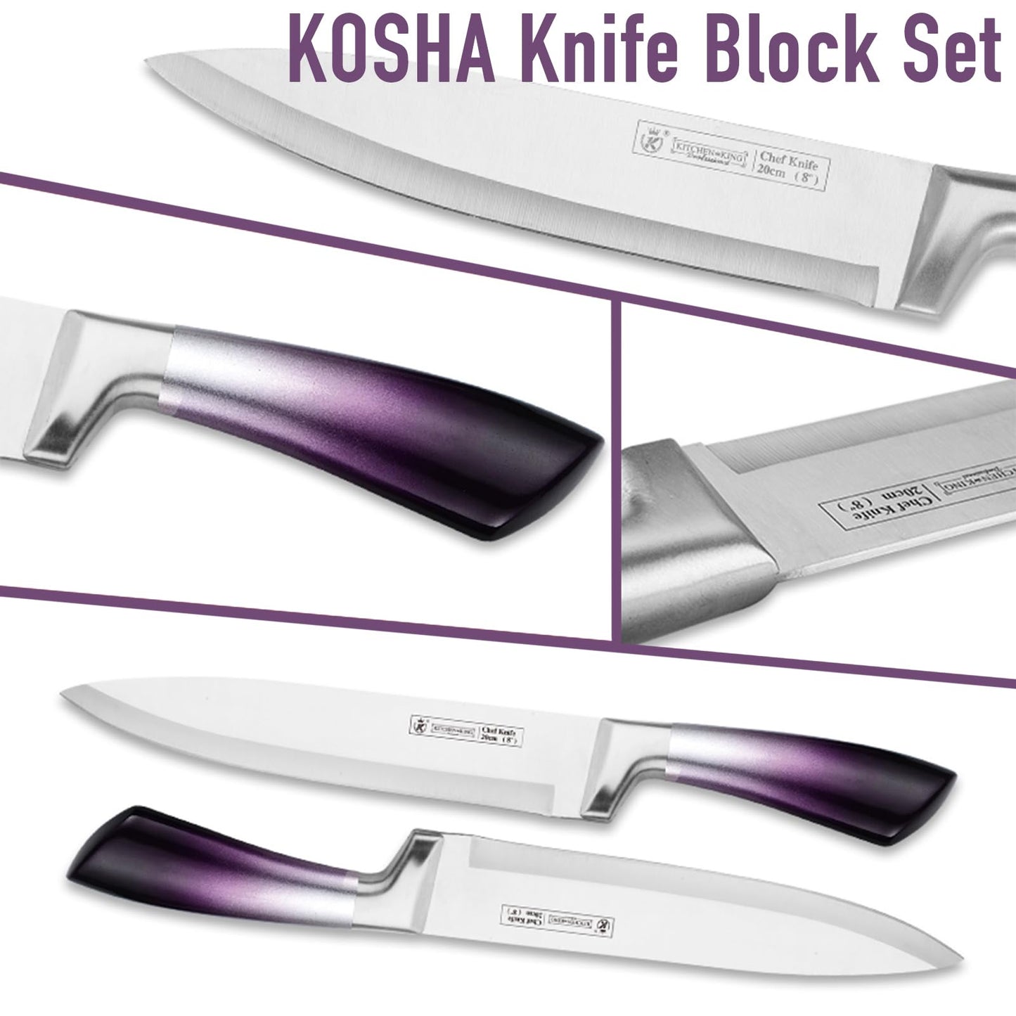 KOSHA Kitchen Knife Set, 9 Piece Knife Set with Block, with Sharpener, High Carbon Stainless Steel Accessories for Kitchen, Rust Proof, Non-Stick Coated, Ergonomic Hollow Horseshoe-shaped Handle