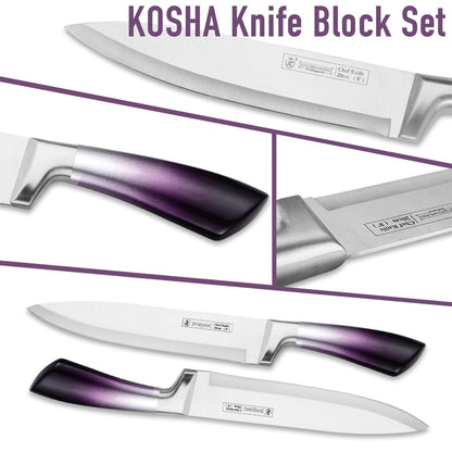 KOSHA Kitchen Knife Set, 9 Piece Knife Set with Block, with Sharpener, High Carbon Stainless Steel Accessories for Kitchen, Rust Proof, Non-Stick Coated, Ergonomic Hollow Horseshoe-shaped Handle