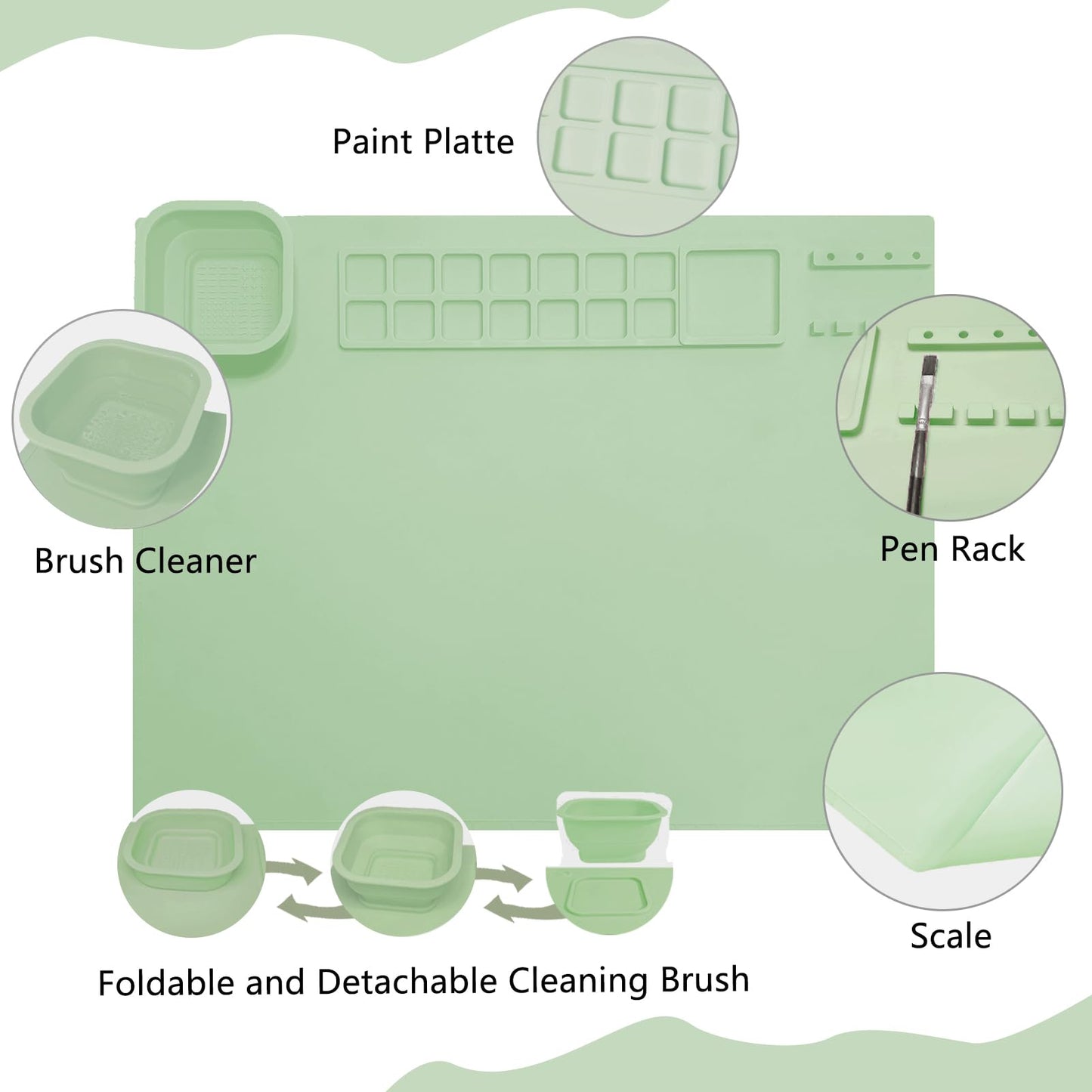 SOQKEEN Silicone Painting Mat 20"x16" Paint Mats with Cup Collapsible Non-Stick Craft Mat Playdough Beading Matt for Resin Coloring Drawing Art Crafting Doh Handmade DIY (Green)