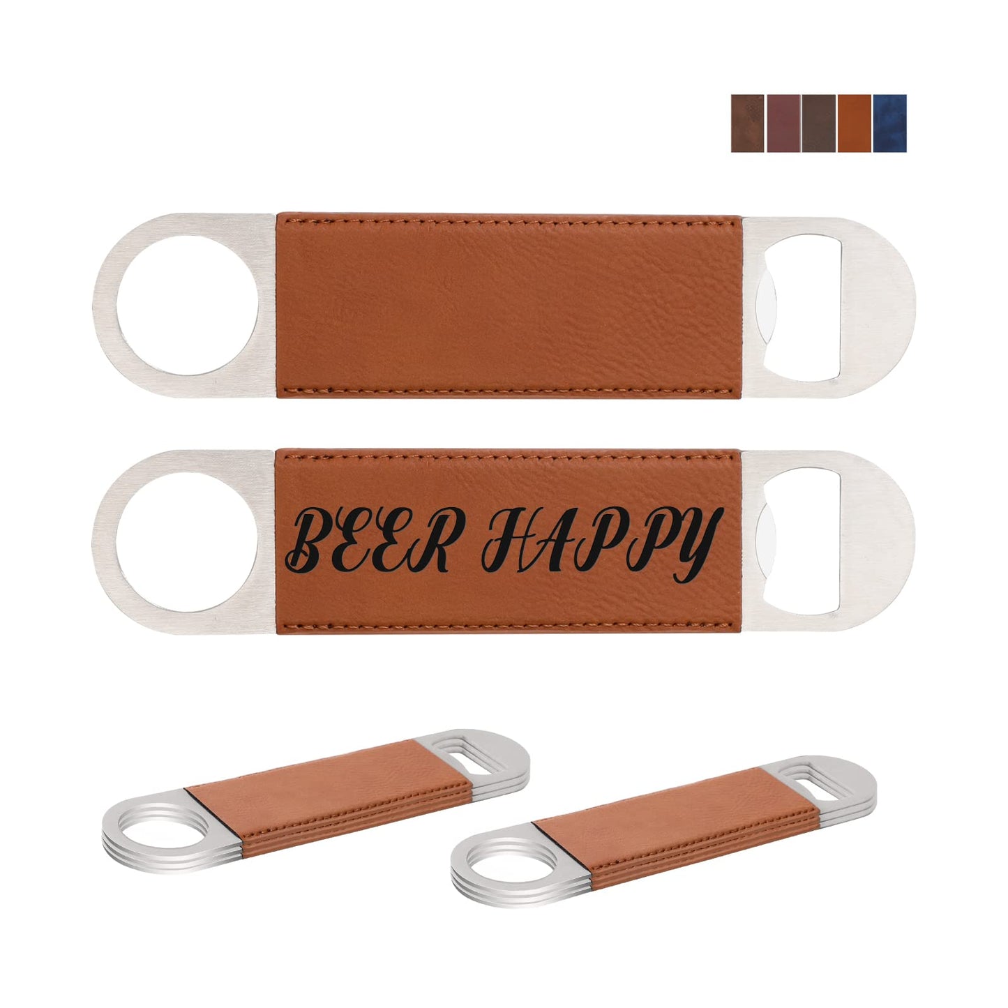 PYD Life 8 Pack Stainless Steel Flat Bottle Opener with Yellow Brown Leather Handle Blanks 1.6" x 7" for Glowforge Xtool Laser Engraing Custom Name Text Patterns,Beer Opener for Kitchen,Bar