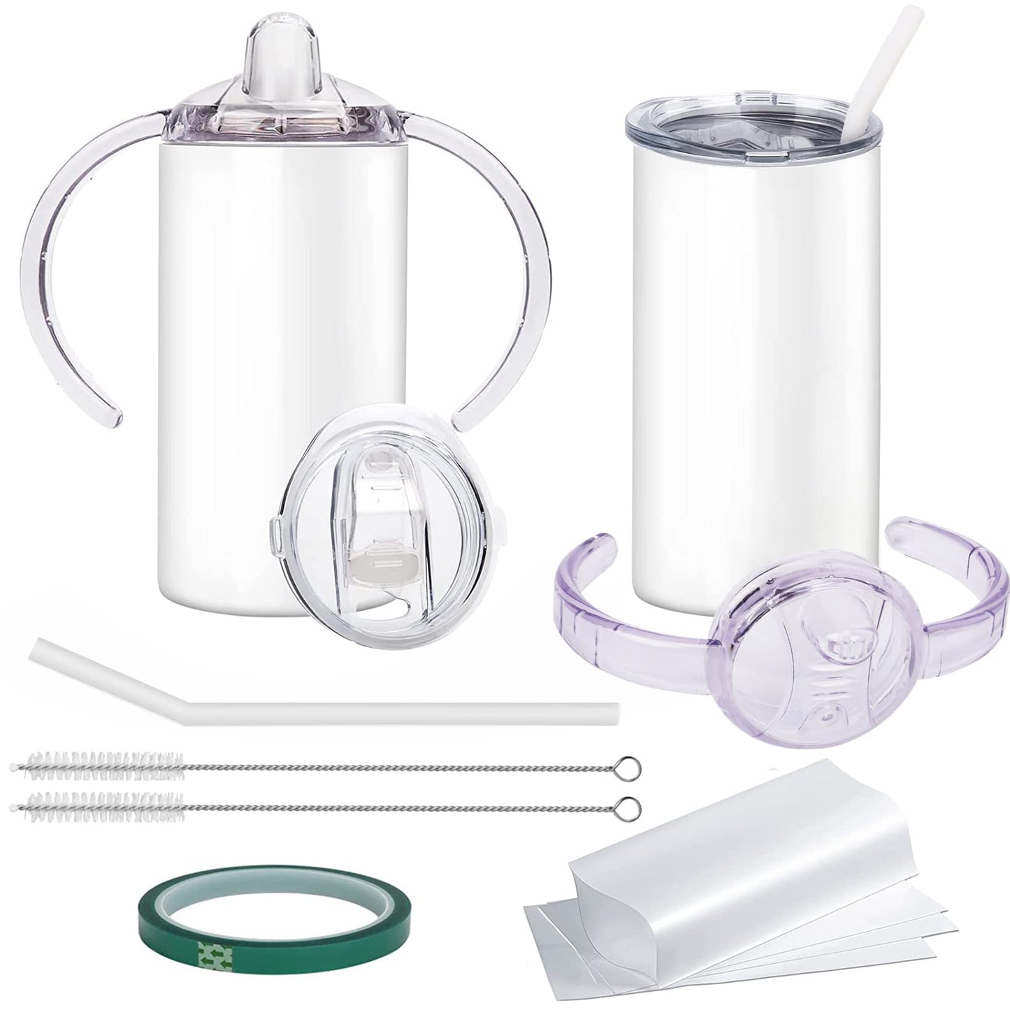Rommeka Sublimation Blanks Skinny Sippy Cups, 12oz Spill Proof Stainless Steel Insulated Tumbler with Lid and Straw, Double Wall Water Bottle with Handle for Kids and Children