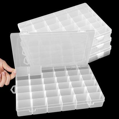 Sopoloray 4 Pack 36 Grid Bead Organizer Box, Clear Plastic Small Parts Organizer with Dividers, Bead Storage Containers for Jewelry Craft DIY Thread Fishing Tackle