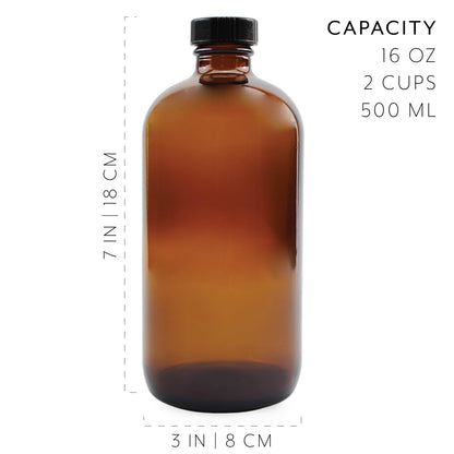 Cornucopia Brands 16oz Amber Glass Bottles with Reusable Chalk Labels and Lids (Pack of 2) Refillable Brown Boston Round Bottles, with Black 28-400 Caps