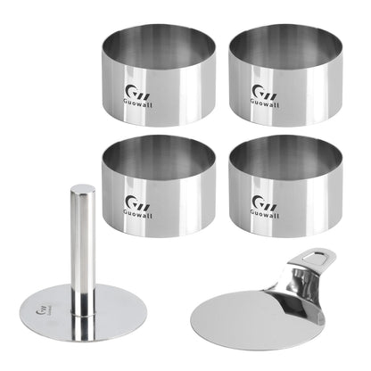 Guowall 4 pack Seamless Mousse Cake Ring set Stainless Steel 4 inch Round Food Mold Dessert Cutter for Baking (Includes 1 Lifter, 1 Pusher and 4 Rings)