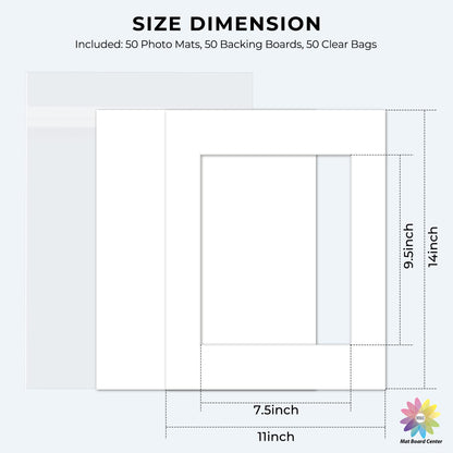 Mat Board Center, Pack of 50 11x14 Photo Mat + Backing + Bag, Pre Cut mat Board Show kit for 8x10 Photo, White Core for Framing Pictures, Prints, Artworks(White)