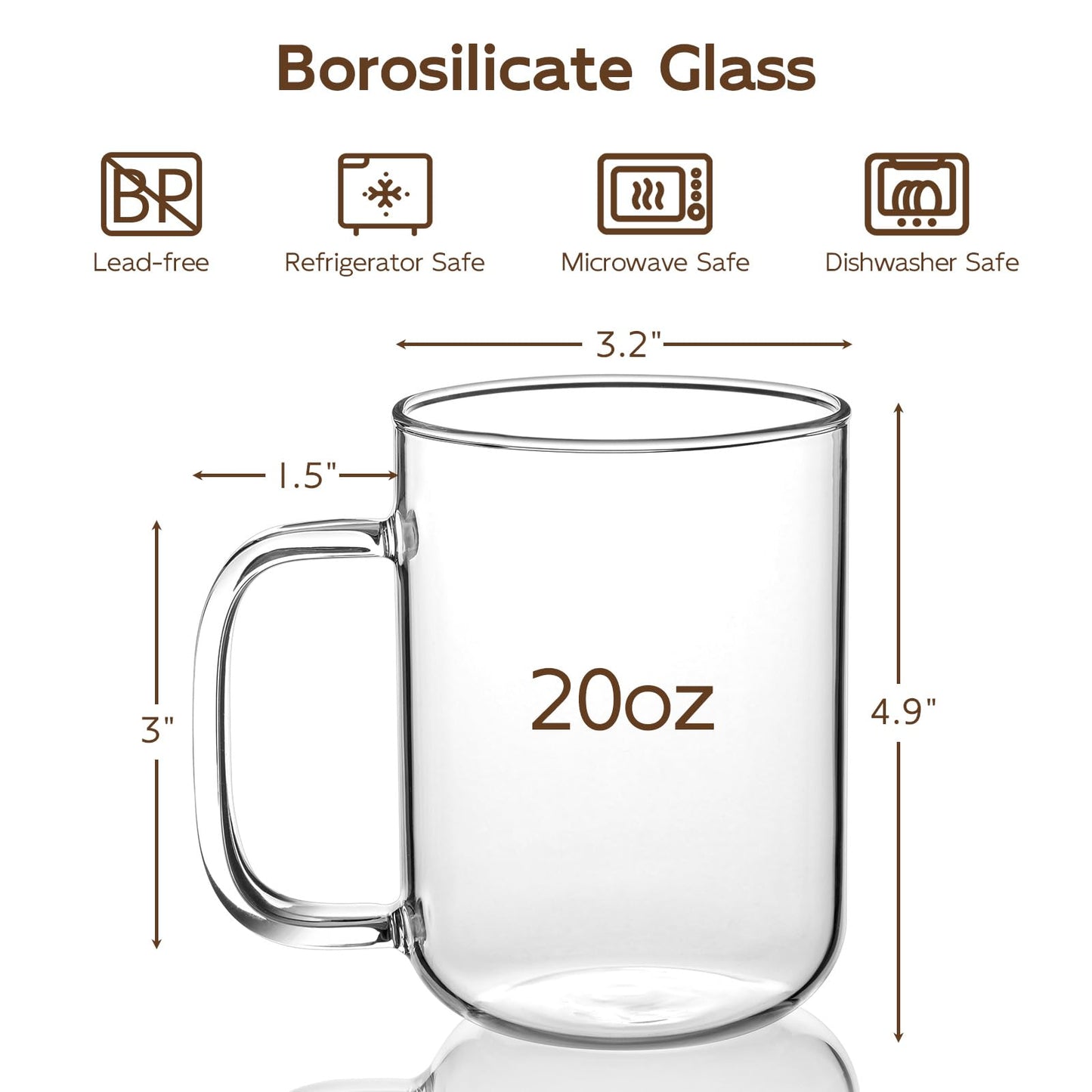 BWODYAY Glass Coffee Mugs, 20 oz Ice Coffee Cups Set of 4, Large Clear Tea Cups, Glass Mugs with Handles for Hot Beverages, Glass Cups for Latte, Cappuccino, and Tea