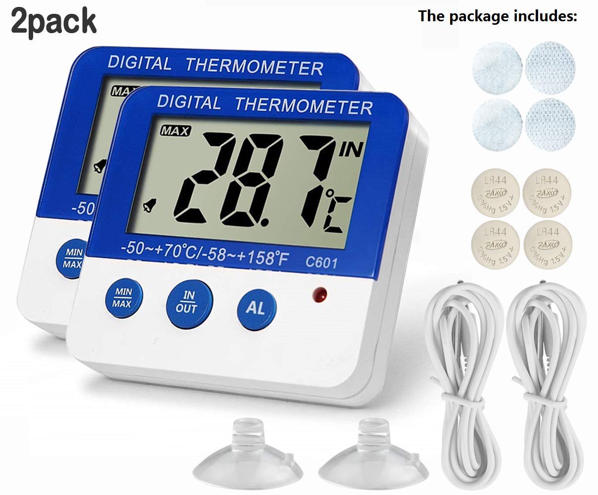 Fridge Freezer Thermometer with Max/Min Memory, LXSZRPH High & Low Temperature Alarms, Digital with Magnetic Stand, 2