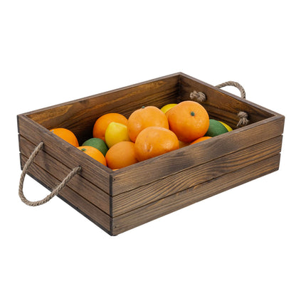 MyGift 15 Inch Large Rustic Brown Solid Wood Decorative Storage Box with Rope Carrying Handles, Country Style Wooden Crate, Farmhouse Pallet Design Open Top Bin
