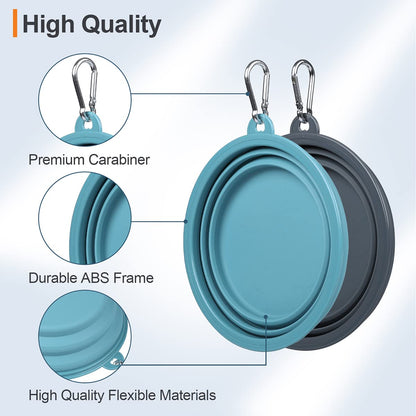 Kytely Collapsible Dog Bowls 2 Pack (650ml) - Portable Travel Pet Food & Water Bowls with Carabiner Clip, Foldable Feeding Dish for Dogs Cats, Hiking Walking Camping (Blue+Grey)