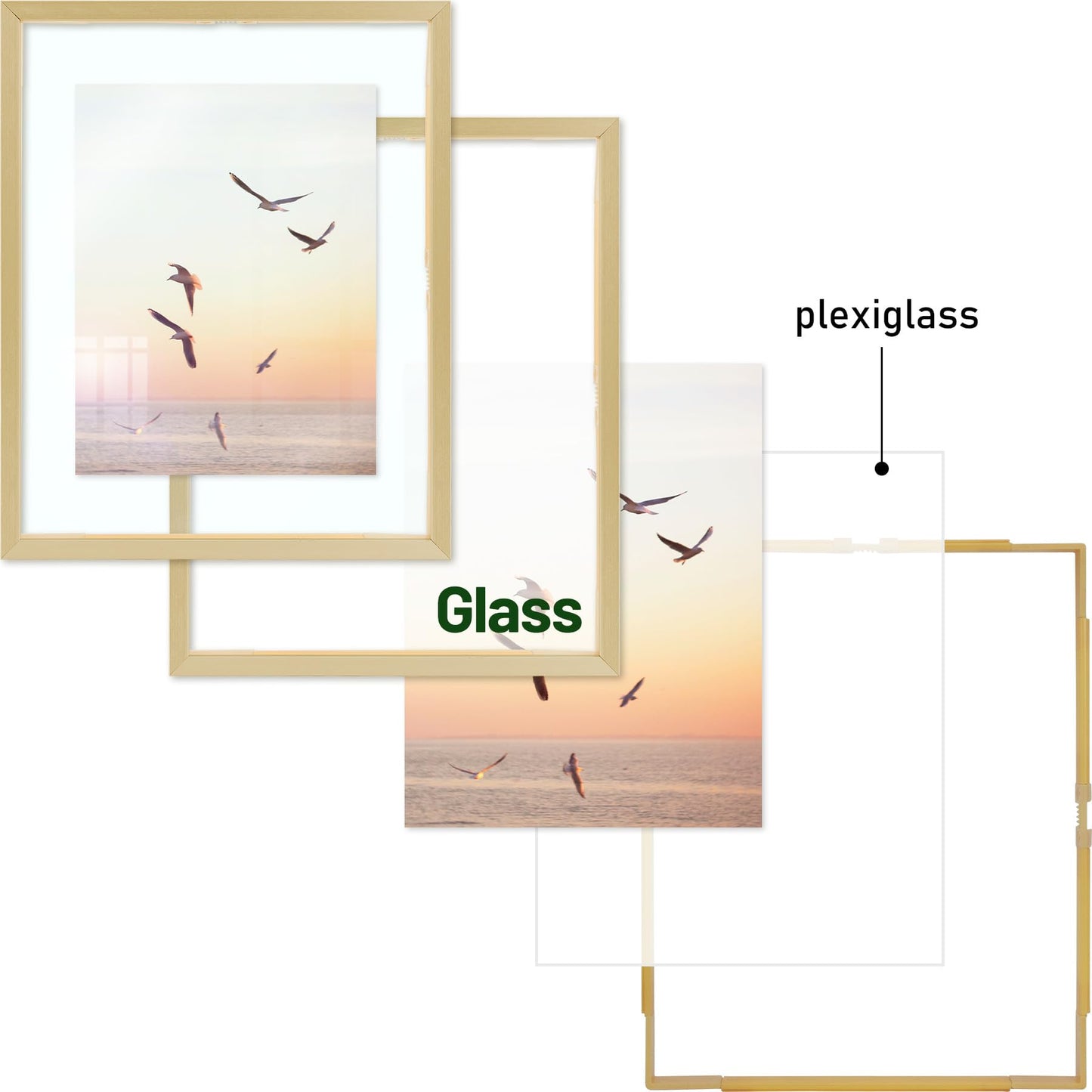 Frametory, 8x10 Floating Picture Frame - Metal Photo Frame - Real Glass - for Wall Mount or Tabletop Displays (Gold, 2 Pack)