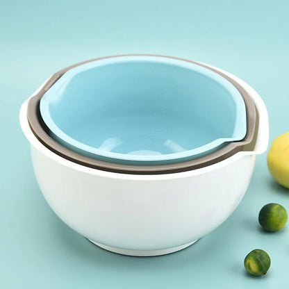Cheeren Set of 3 Mixing Bowls with Pour Spout-Nesting Design Saves Space - Non-Slip, BPA Free, Dishwasher Safe Plastic - Kitchen Cooking and Baking Supplies (Blue Grey white)