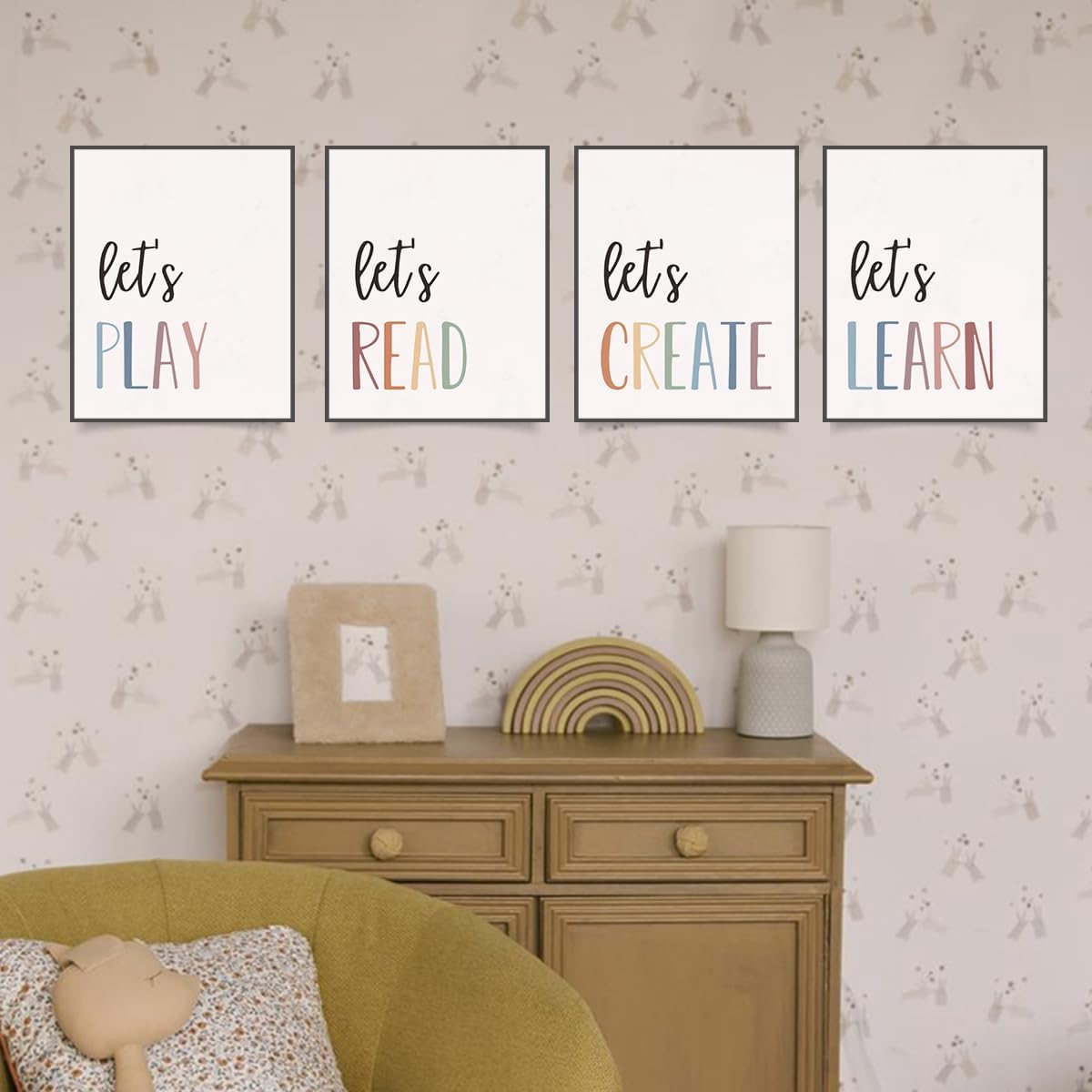 Set 4 PLKMN Let's Play Read Wall Art Prints Decor of - Play Room Essentials, Boho Neutral Let's Learn Let's Create