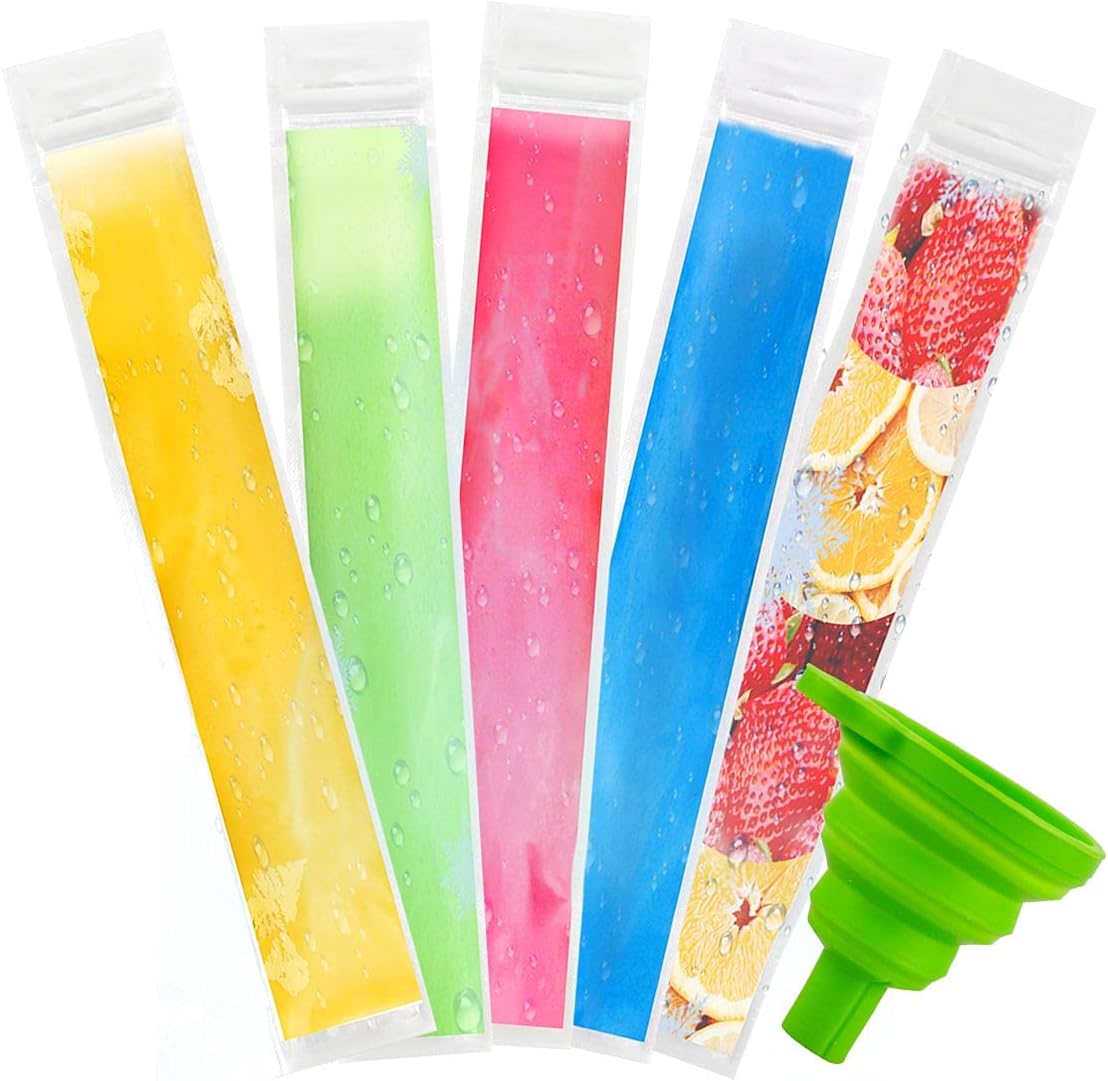 yuntop 60 Pack Ice Pop Mold Bags & Funnel Disposable Ice Mold Bags for Freeze Yogurt Sticks Juice Fruit Candy DIY