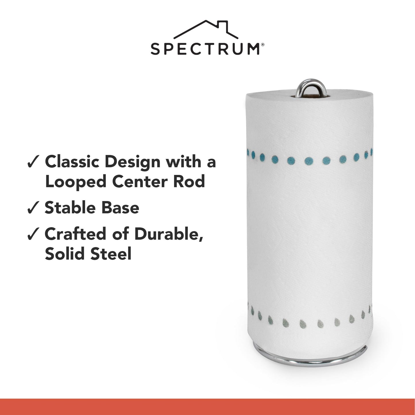 Spectrum Chrome Paper Towel Holder Countertop Kitchen Organizer, Easy Tear Modern Freestanding Kitchen Hand Towel Roll Stands Vertical for Standard and Large Paper Towel Rolls with Durable Steel Base