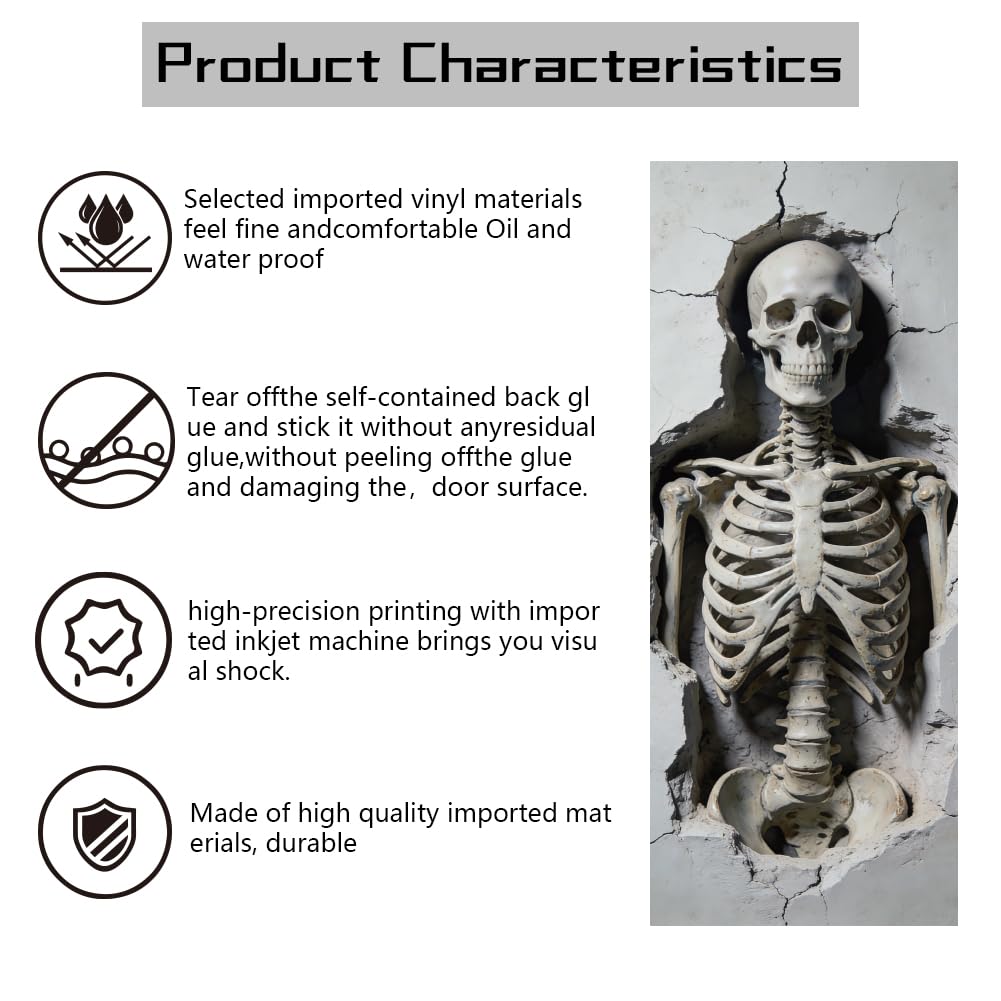 arricraft 2 Pcs 3D Self-Adhesive Door Sticker, 31.5"x78.7" Broken Wall Skeleton Decorations Door Murals Stickers PVC Removable Wallpaper Decoration for Bedrooms Living Room