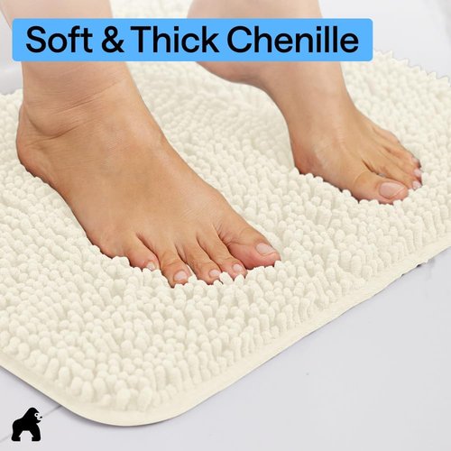 GORILLA GRIP Bath Rug Mat - Thick Soft Absorbent Chenille | Quick Dry Microfiber, 60x24, Ivory