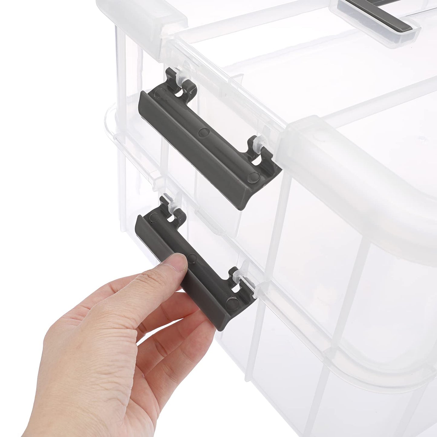 JUXYES 2-Tiers Stack Carry Storage Box With Handle, Transparent Stackable Storage Bin With Handle Lid Latching Storage Container for School & Office Supplies
