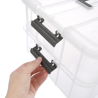 JUXYES 2-Tiers Stack Carry Storage Box With Handle, Transparent Stackable Storage Bin With Handle Lid Latching Storage Container for School & Office Supplies